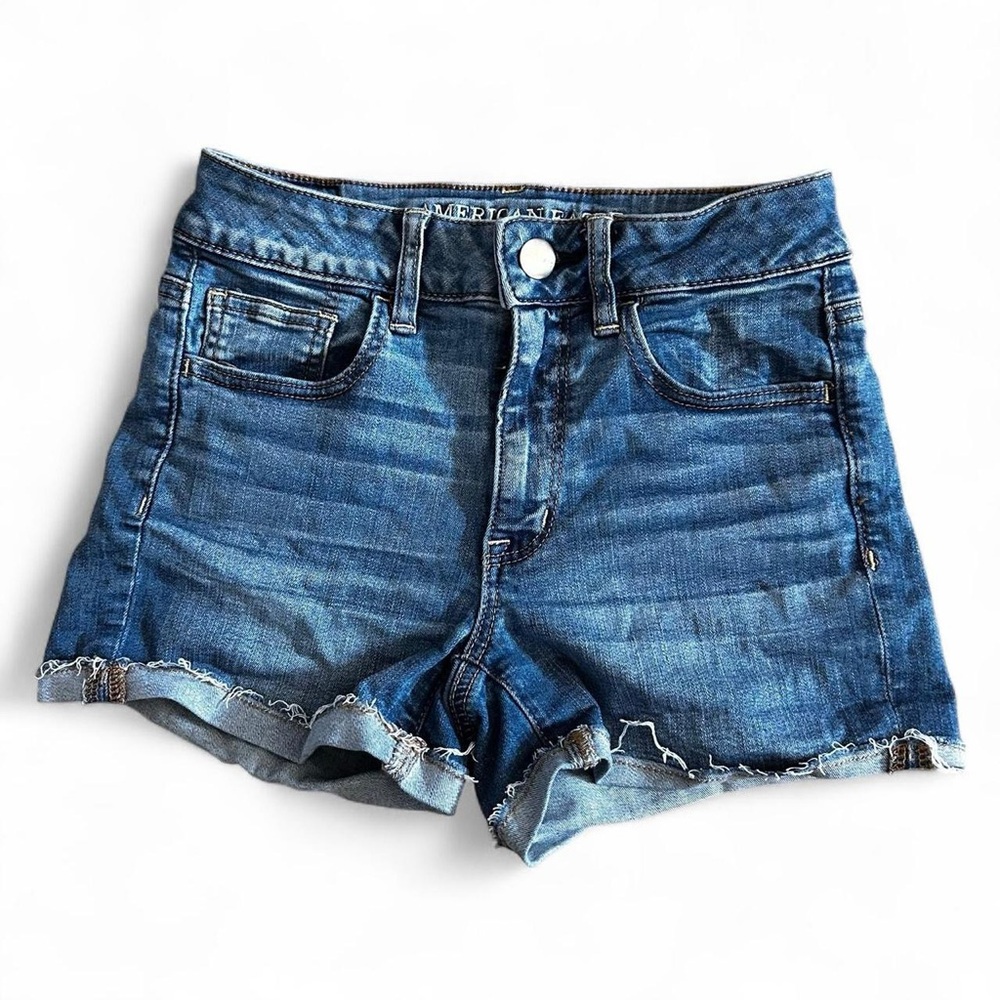 American Eagle distressed hi-rise shortie stretchy blue denim frayed hem shorts